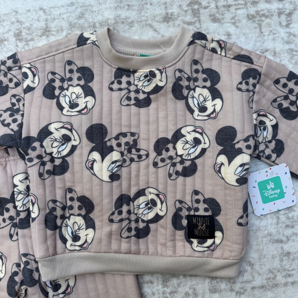 Disney Baby Minnie Mouse 2-Piece Quilted Set 24M Tan Black Sweatshirt Joggers - Picture 2 of 7